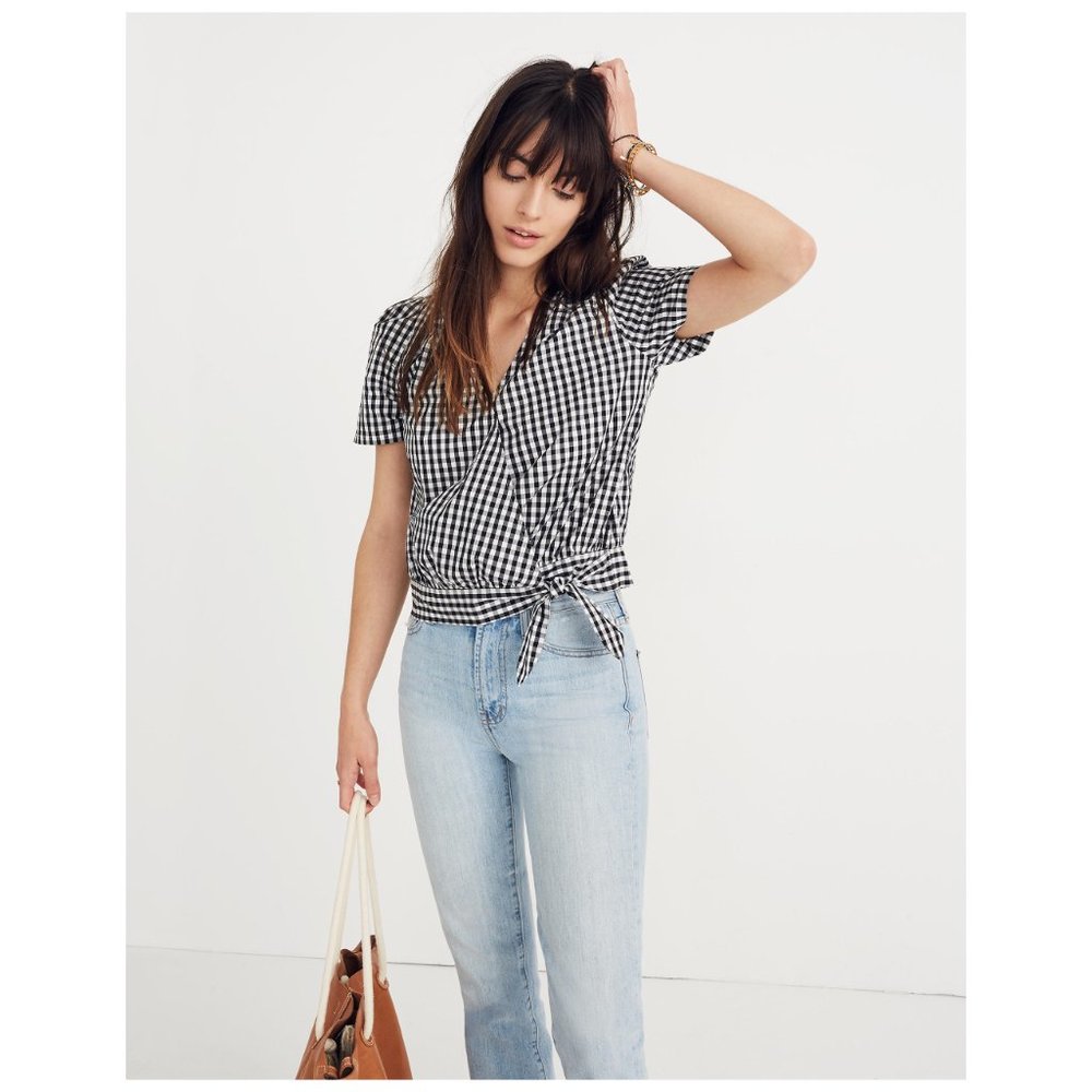 Madewell Short-Sleeve Wrap Top in Gingham Check Size XS